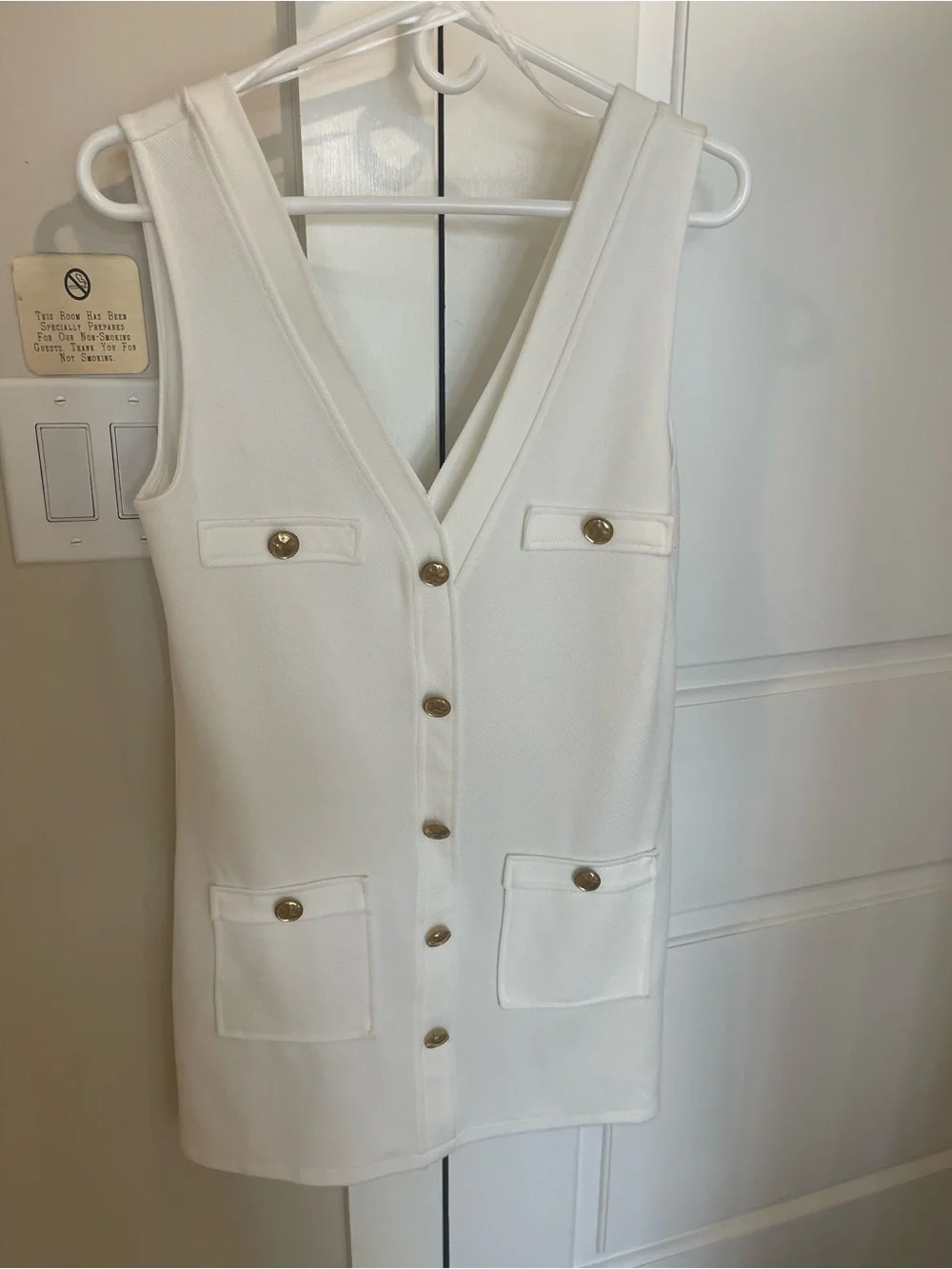 Zara White Sleeveless Mini Dress with Gold Buttons